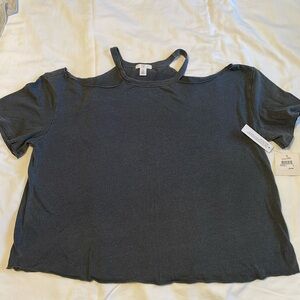 Young Women’s BP Brass Plum tee with “strappy” neckline, dark blue, size M, NWT.